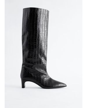 & Other Stories Kitten Heel Croco Leather Knee Boots - White