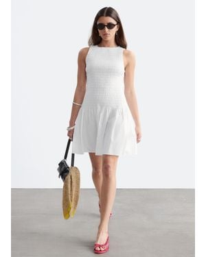 & Other Stories Smocked Cotton Poplin Mini Dress - White