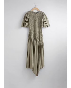 & Other Stories Smocked Asymmetric Midi Dress - Green