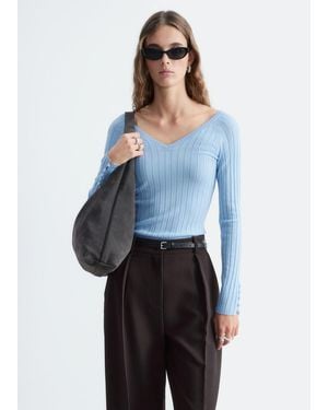 & Other Stories Ribbed Wool V-Neck Top - Blue