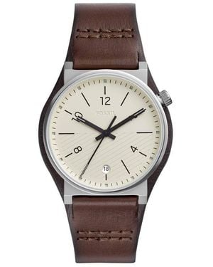 Fossil Orologio solotempo in acciaio silver con cinturino in pelle marrone e quadrante bianco - Metallizzato