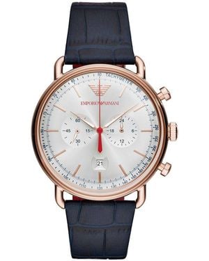 Emporio Armani Orologio cronografo in acciaio rose gold con cinturino in pelle blu e quadrante bianco - Metallizzato