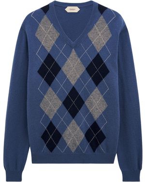 Pringle of Scotland V-Neck Cashmere Argyle Jumper - Blue