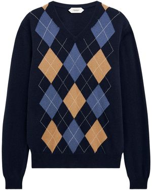 Pringle of Scotland V-Neck Cashmere Argyle Jumper - Blue