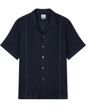 Paul Smith Linen Short-Sleeve Blanket-Stitch Shirt - Blue