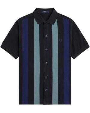 Fred Perry Panelled Button Through Polo Shirt - Blue