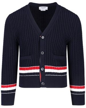 Thom Browne Knitted Cotton V-Neck Cardigan - Blue