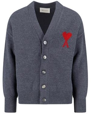 Ami Paris Ami De Coeur V-Neck Cardigan - Blue