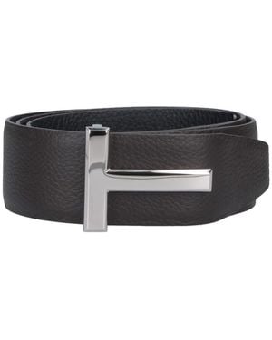 Tom Ford Dark T Icon Hammered Leather Belt - Black