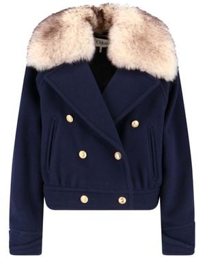 Chloé Double-Breasted Coat With Fur Coat - Blue