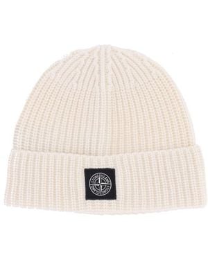 Stone Island Virgin Wool Logo Beanie - White