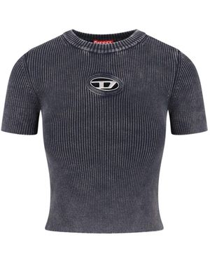 DIESEL Ribbed Short-Sleeve Crop Top With Metallic Logo Detail - Blue