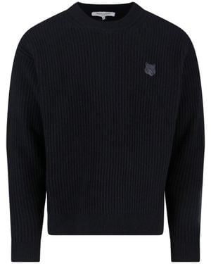 Maison Kitsuné Ribbed Knit Jumper With Cropped Fit And Embroidered Emblem - Blue