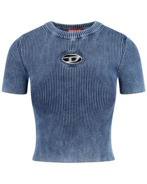 DIESEL Ribbed Short-Sleeve T-Shirt With Metallic Logo Detail - Blue
