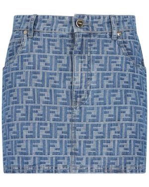 Fendi Gonna Mini In Denim Chambray "Ff" - Blu