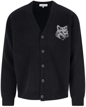 Maison Kitsuné Fox Head Intarsia Merino Cardigan - Blue