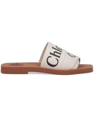 Chloé Linen Slide Sandals With Leather Accent - White