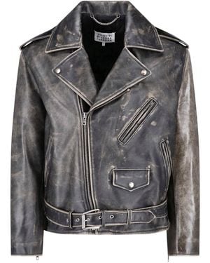 Maison Margiela Distressed Leather Biker Jacket - Grey