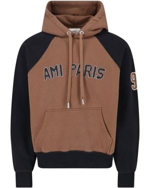 Ami Paris Two-Tone Hoodie With Stitched Branding And Embroidered Detail - Black