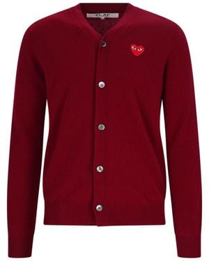 COMME DES GARÇONS PLAY Burgundy V-Neck Iconic Heart Wool Cardigan - Red