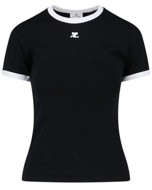 Courreges Logo T-Shirt, Cotton, Crew Neck, Short Sleeves - Black