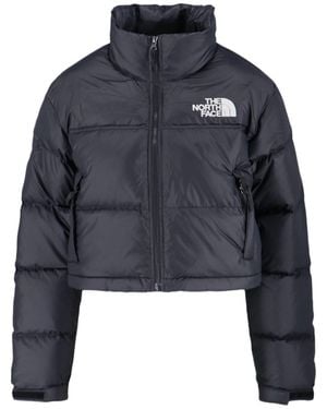 The North Face Short Down Jacket With Detachable Hood And Embroidered Logos - Blue