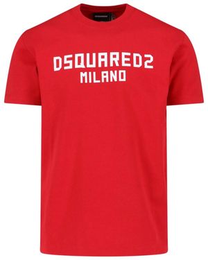 DSquared² Cotton T-Shirt With Contrasting Logo Design - Red
