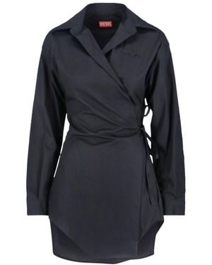 DIESEL Asymmetric Wrap Midi Shirt Dress With Tone-On-Tone Embroidery - Blue