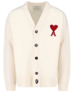 Ami Paris Cream Ami De Coeur Virgin Cardigan - White