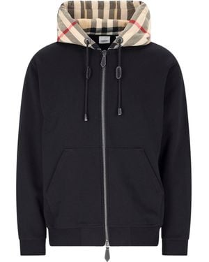 Burberry Cotton Check Pattern Drawstring Hooded Jumper With Front Zip - Blue