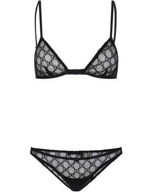 Gucci Gg Embroidered Tulle Lingerie Set - Black