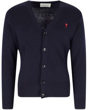 Ami Paris Ami De Coeur V-Neck Cardigan - Blue