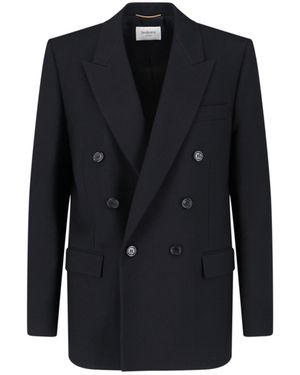 Saint Laurent Blazer Doppiopetto In Lana - Blu