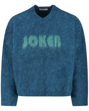 Martine Rose V-Neck Mohair Jumper With Ribbed Trims And Prominent Logo - Blue
