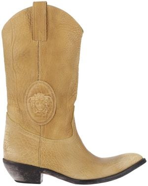Versace Tan Mid-Calf Pointed Toe Boots - Natural