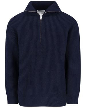 Closed High-Neck Ribbed Wool Sweater - Blue