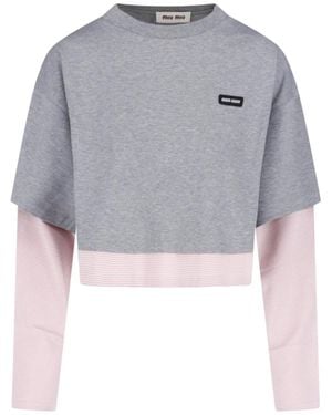 Miu Miu Cropped Cotton T-Shirt - Grey