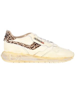 Autry Leopard-Trim Leather Trainer - White