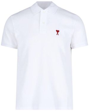 Ami Paris Short-Sleeve Organic Cotton Polo With Classic Collar - White