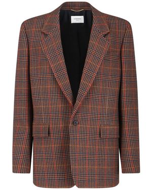 Saint Laurent Blazer A Quadri In Lana - Marrone