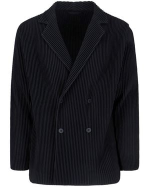 HOMME PLISSÉ Pleated Double-Breasted Blazer - Blue