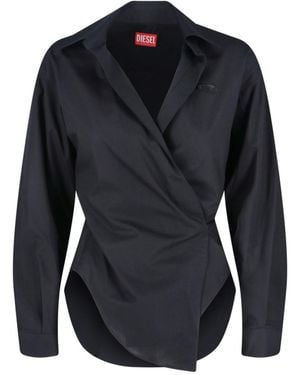 DIESEL Asymmetrical Cotton Shirt With Curved Hem And Embroidered Logo - Blue