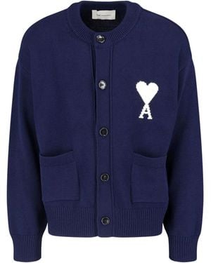 Ami Paris Crewneck Cardigan De Coeur” - Blue