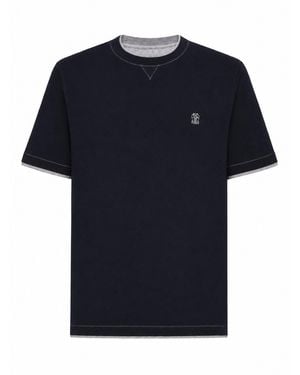 Brunello Cucinelli Cotton T-shirt With Front Logo And Contrasting Trim - Blue