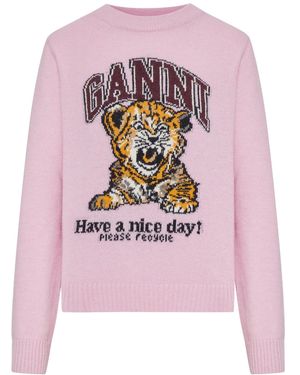 Ganni Maglione in lana con grafica - Rosa