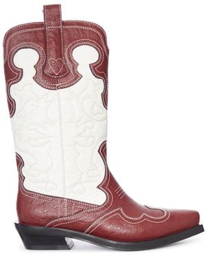 Ganni Two-Tone Leather Texan Boots With Decorative Embroidery - Pink