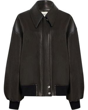 KHAITE Shelman Leather Bomber Jacket With Wide Neck - Black