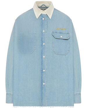 Miu Miu Denim Shirt With Contrasting Collar And Embroidered Logo - Blue