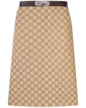 Gucci Gg Canvas Midi Skirt With Caiman Leather Inserts - Natural