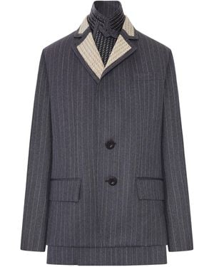 Sacai Pinstriped Blazer With Contrasting Lapels And Embroidered Details - Blue